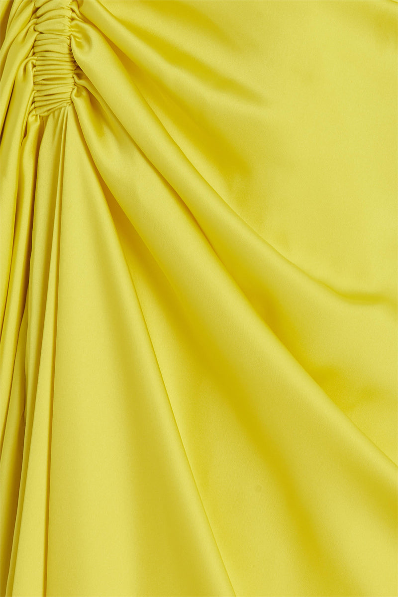 Satin Ruched Cape Sleeve Split Maxi Dress