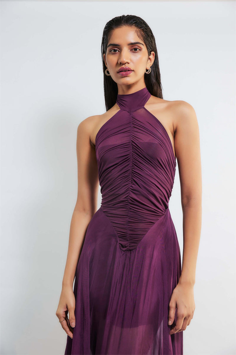 Halter Neck Ruched Maxi Dress
