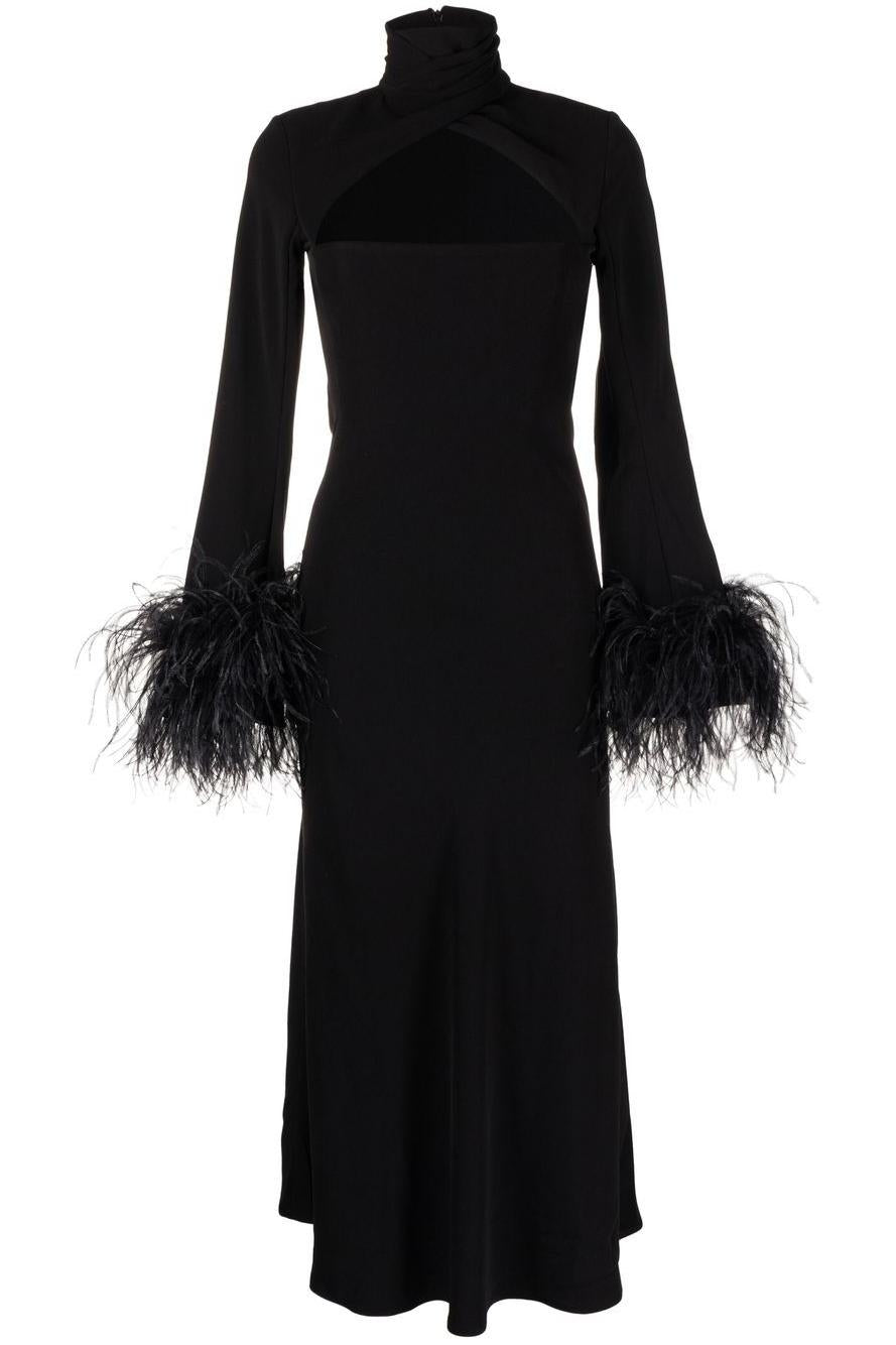 Feather High Neck Midi Dress Black