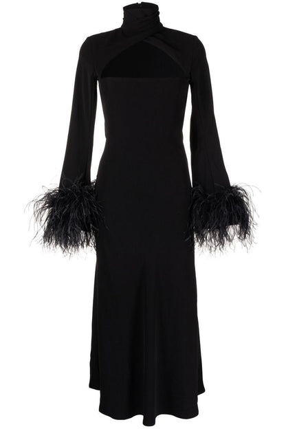 Feather High Neck Midi Dress Black