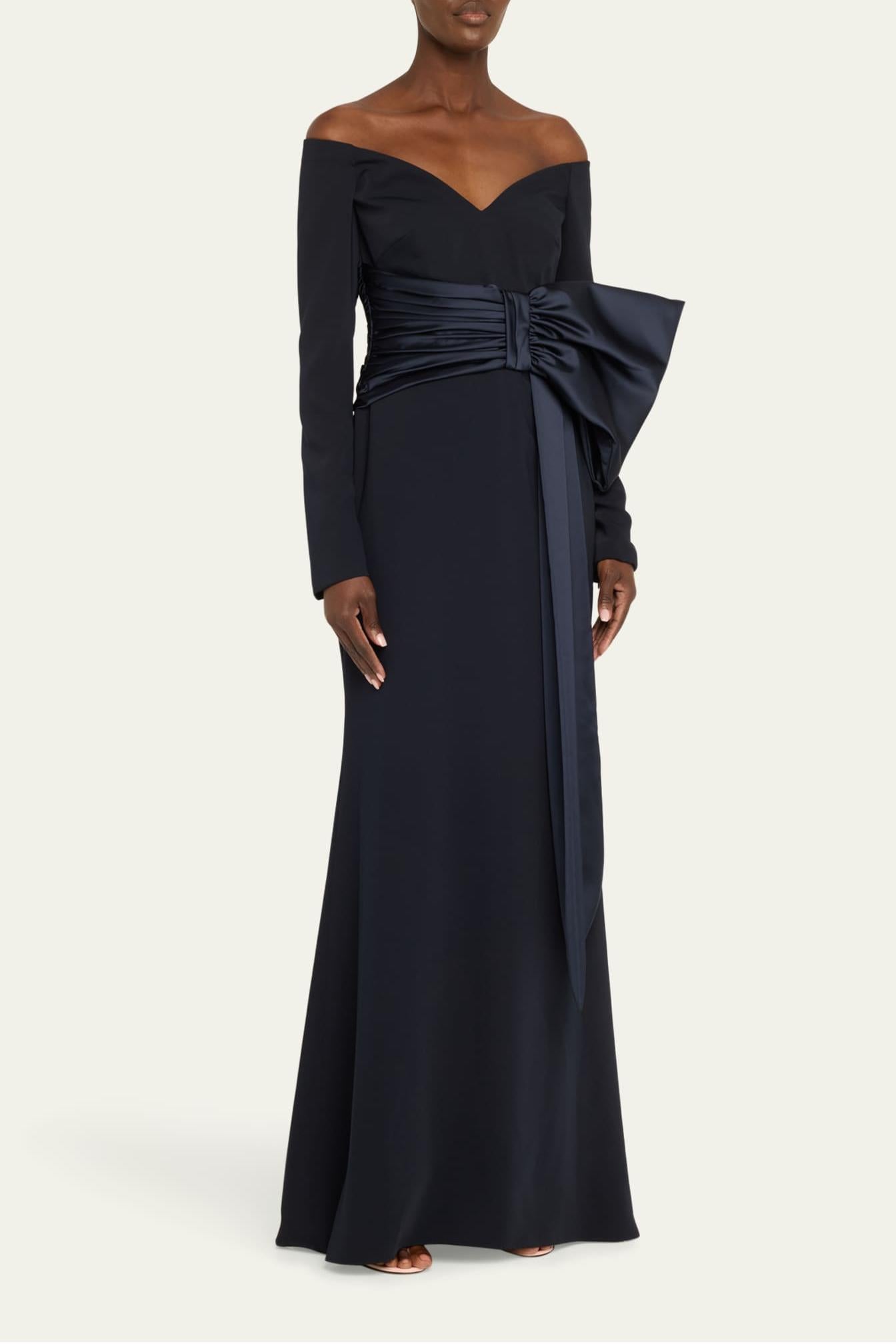 Bow Long Sleeve Off-shoulder Maxi Dress