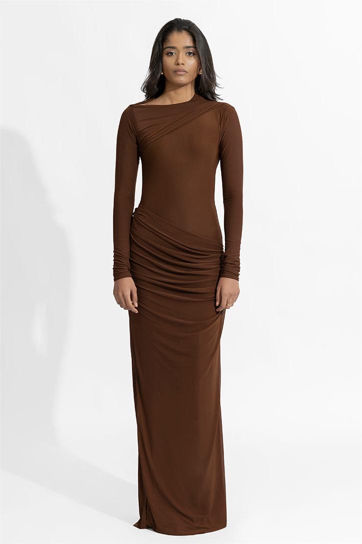 Gathering Long Sleeve Maxi Dress