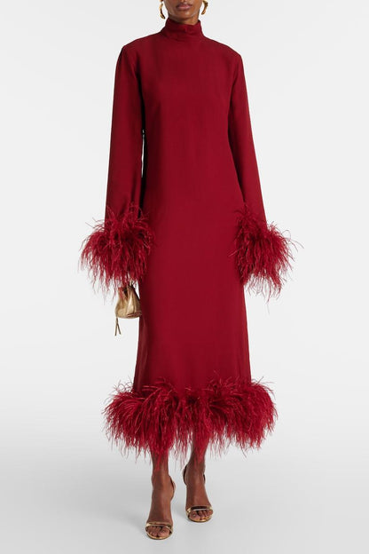 Feather Long Sleeve Midi Dress