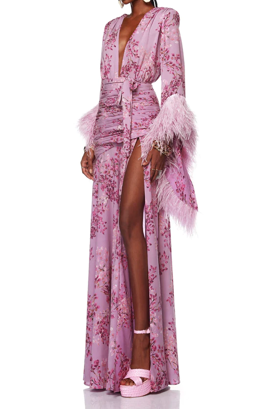 Feather Long Sleeve Split Maxi Dress