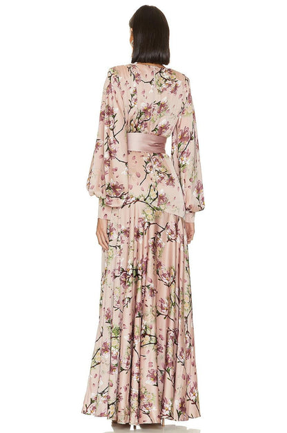 Satin V-neck Lantern Sleeve Maxi Dress