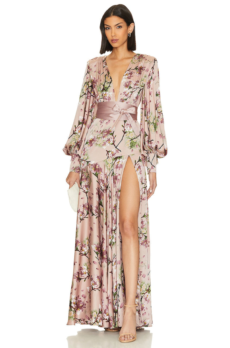 Satin V-neck Lantern Sleeve Maxi Dress