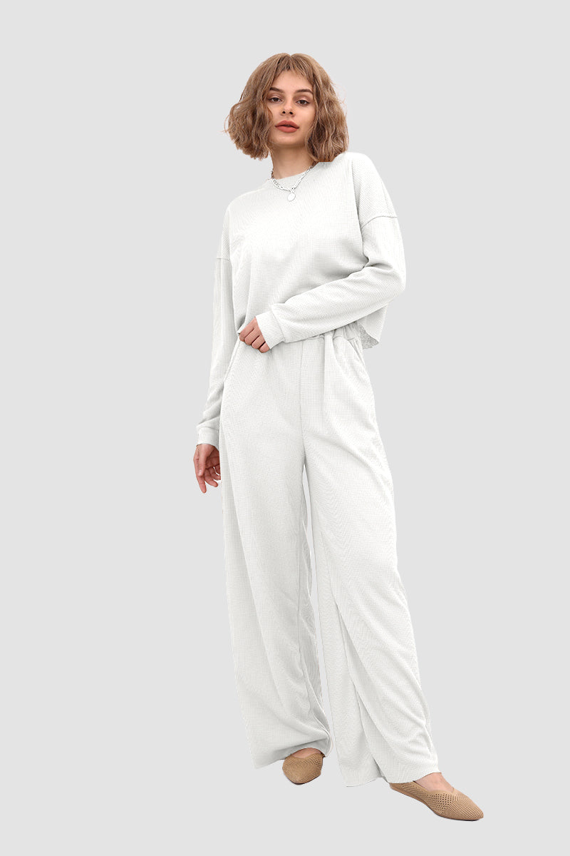 Waffle Pullover Top & Knit Wide Pants