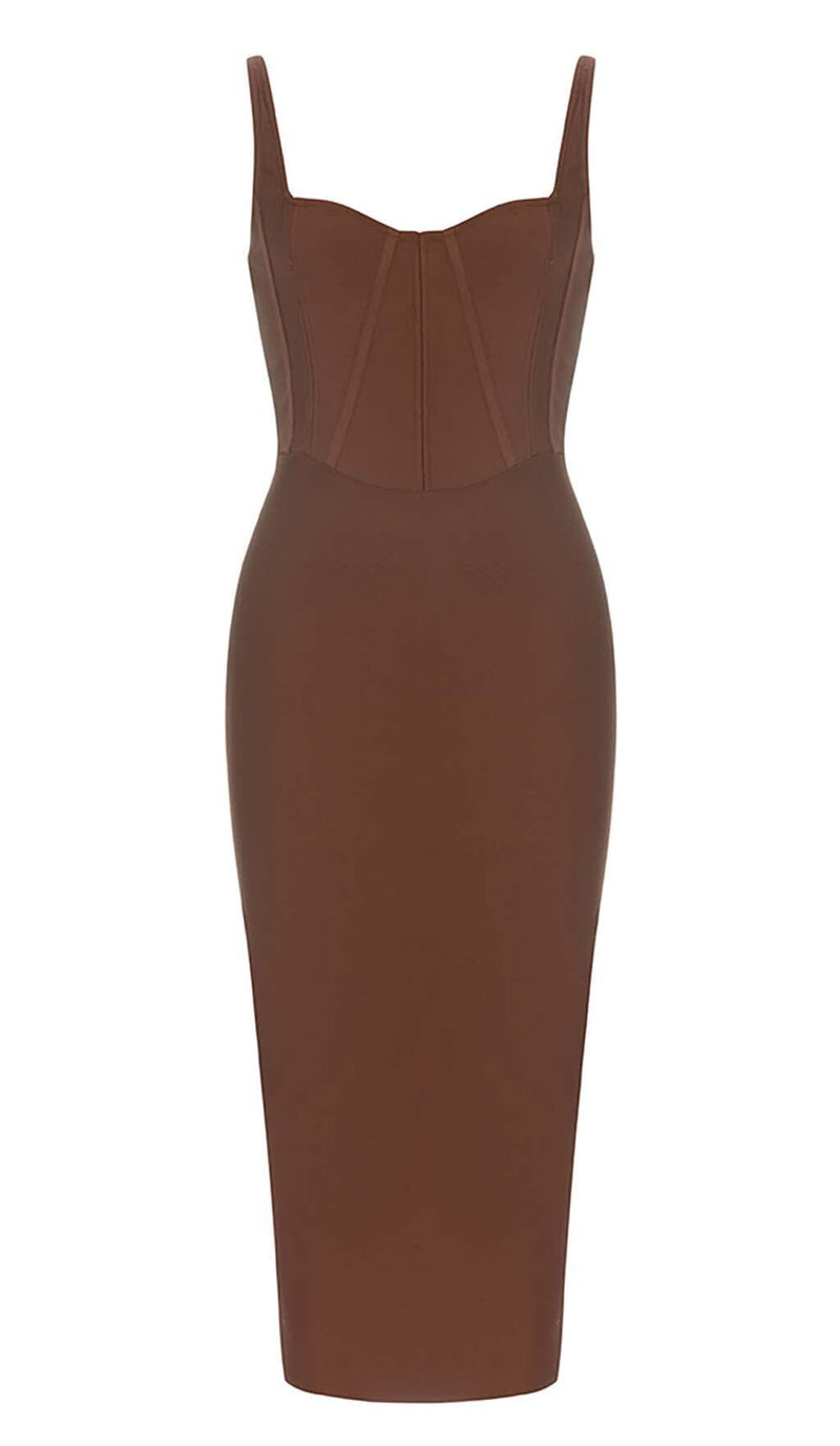 Waist-tightening Corset Midi Dress in Brown