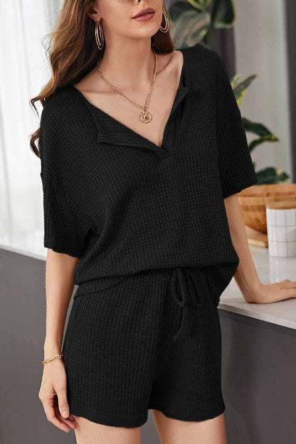Waffle Drop Shoulder Drawstring Shorts Set