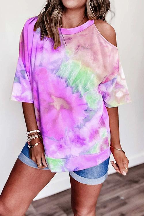 Moxidress Cold Shoulder Short Sleeve Tie Dye T-shirt