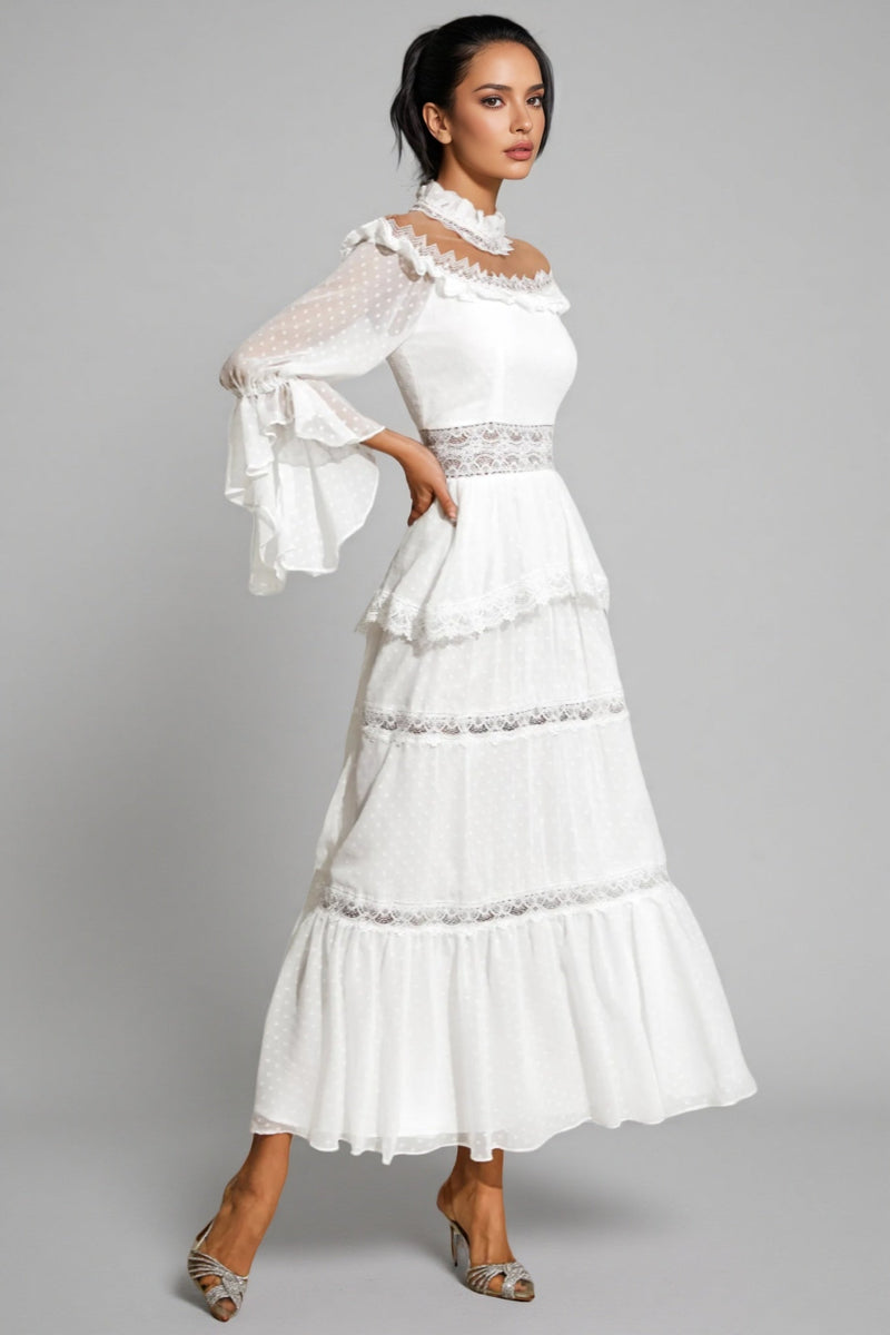 Zevon White Lace Long Sleeve Maxi Dress