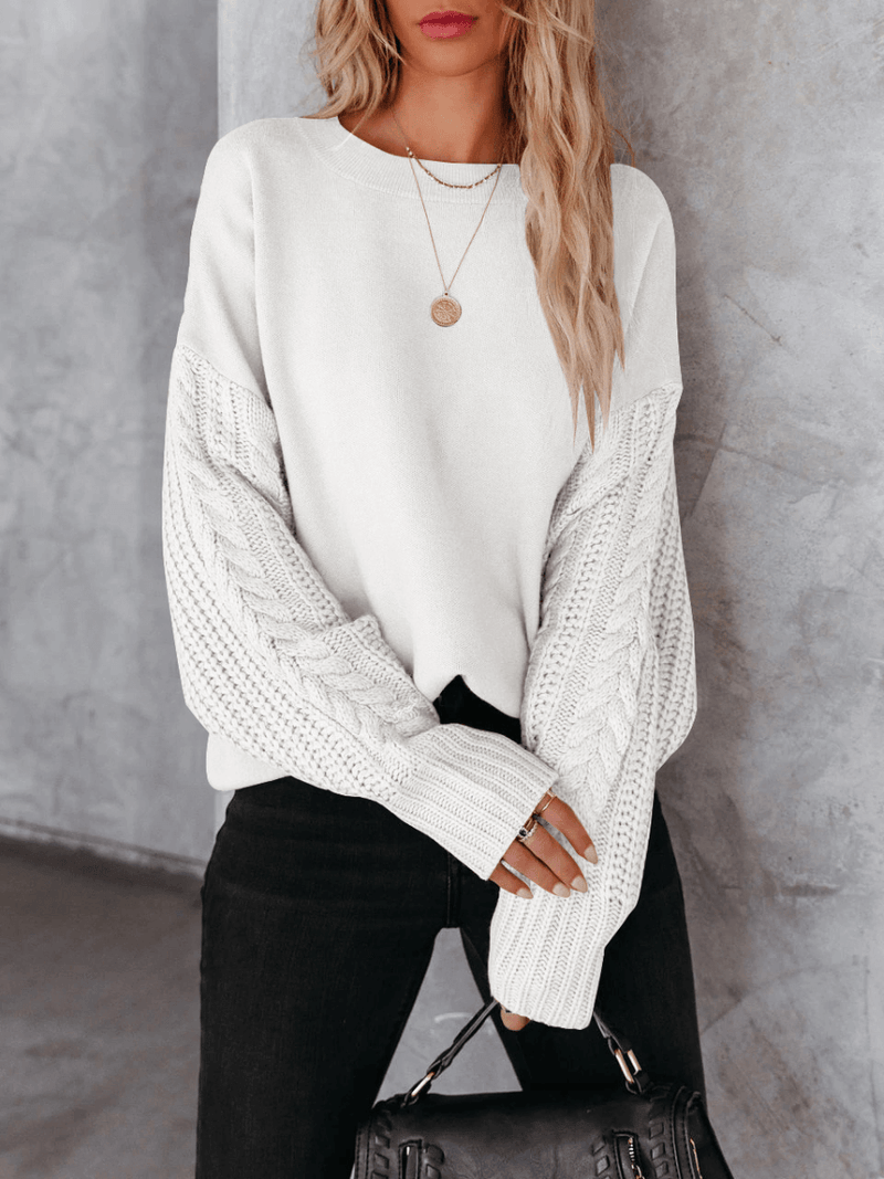 Braided Sleeve Knit Sweater - White
