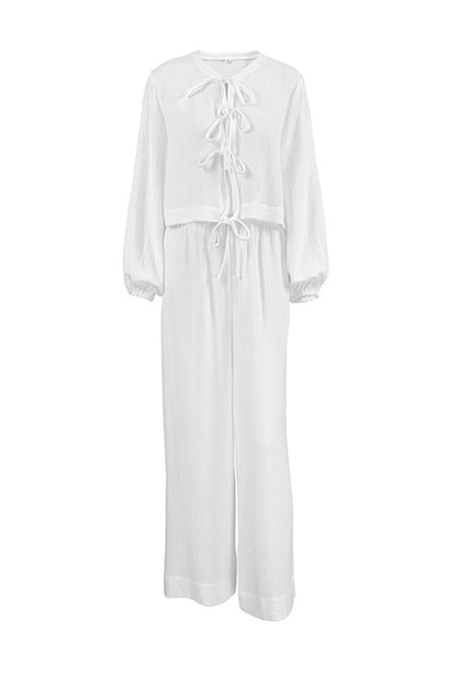 White Cotton Tie-up Shirt Long Pants Set