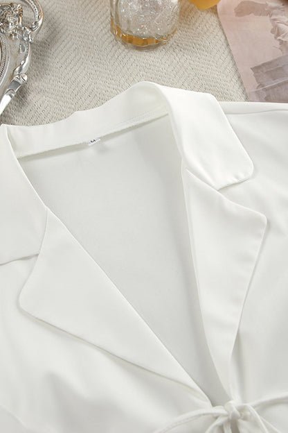 White Fuzzy Tie-up Shirt Shorts Set