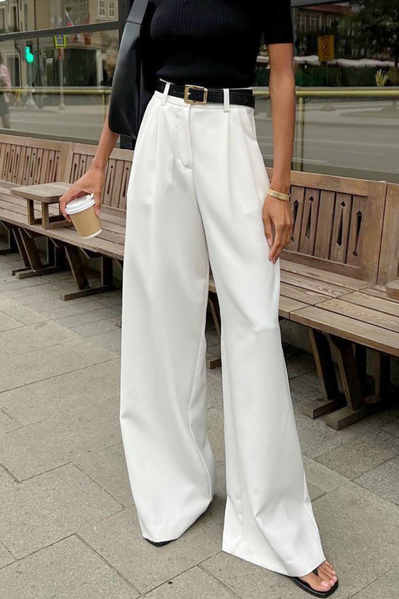 White High-rise Wide Leg Long Pants