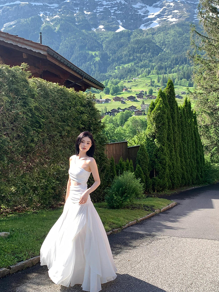 White Cutout One-shoulder Lace Maxi Dress _ Beachy & Feminine Grace