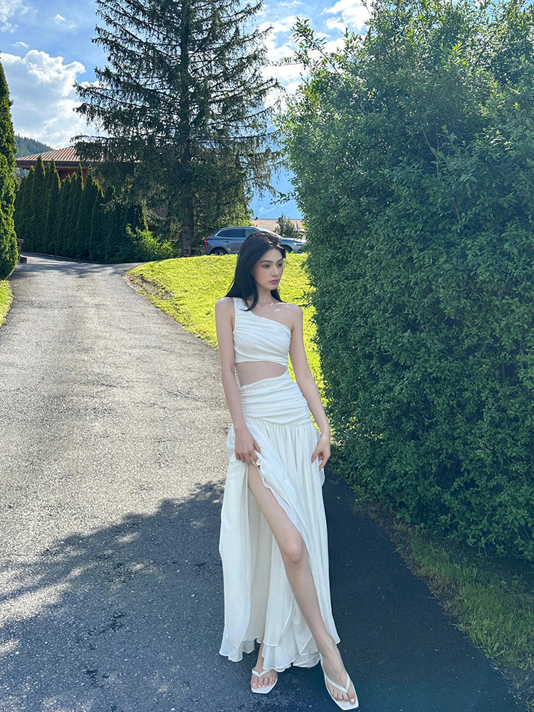 White Cutout One-shoulder Lace Maxi Dress _ Beachy & Feminine Grace