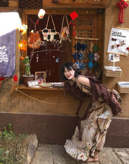 Wild Rose Set _ Asymmetrical Cotton-rayon Maxi Skirt + Flowy Cardigan Style