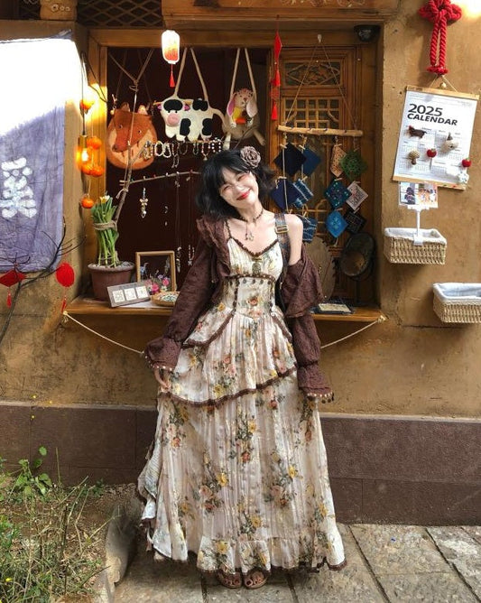 Wild Rose Set _ Asymmetrical Cotton-rayon Maxi Skirt + Flowy Cardigan Style