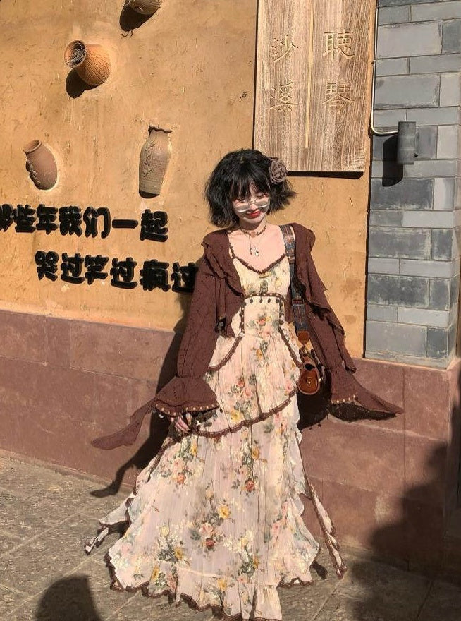 Wild Rose Set _ Asymmetrical Cotton-rayon Maxi Skirt + Flowy Cardigan Style