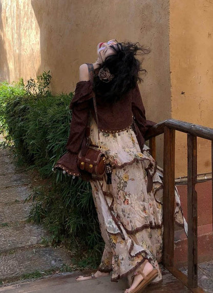 Wild Rose Set _ Asymmetrical Cotton-rayon Maxi Skirt + Flowy Cardigan Style