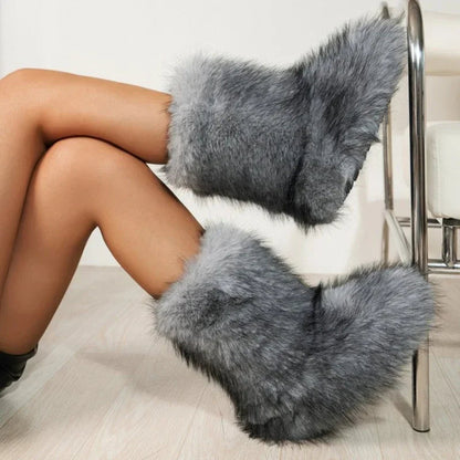Winter Fuzzy Boots Furry Shoes Fluffy Fur Snow Boots Plush Lining Slip-on Rubber Flat Outdoor Bowtie Warm Footwear
