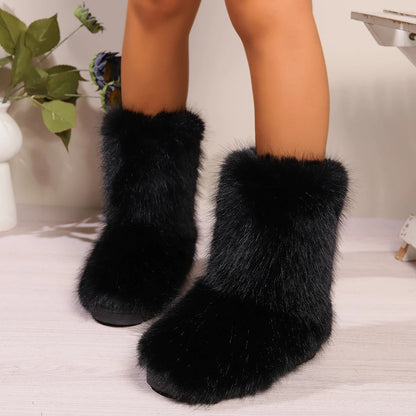 Winter Fuzzy Boots Furry Shoes Fluffy Fur Snow Boots Plush Lining Slip-on Rubber Flat Outdoor Bowtie Warm Footwear