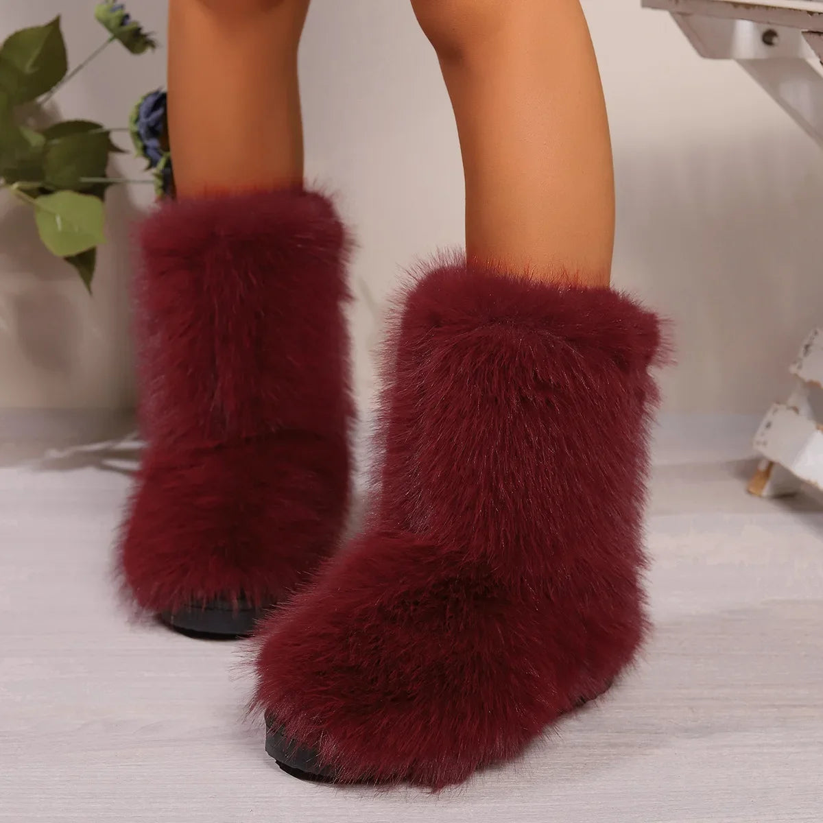 Fluffy Faux Fox Fur Plush Warm Furry Outdoor Snow Boot