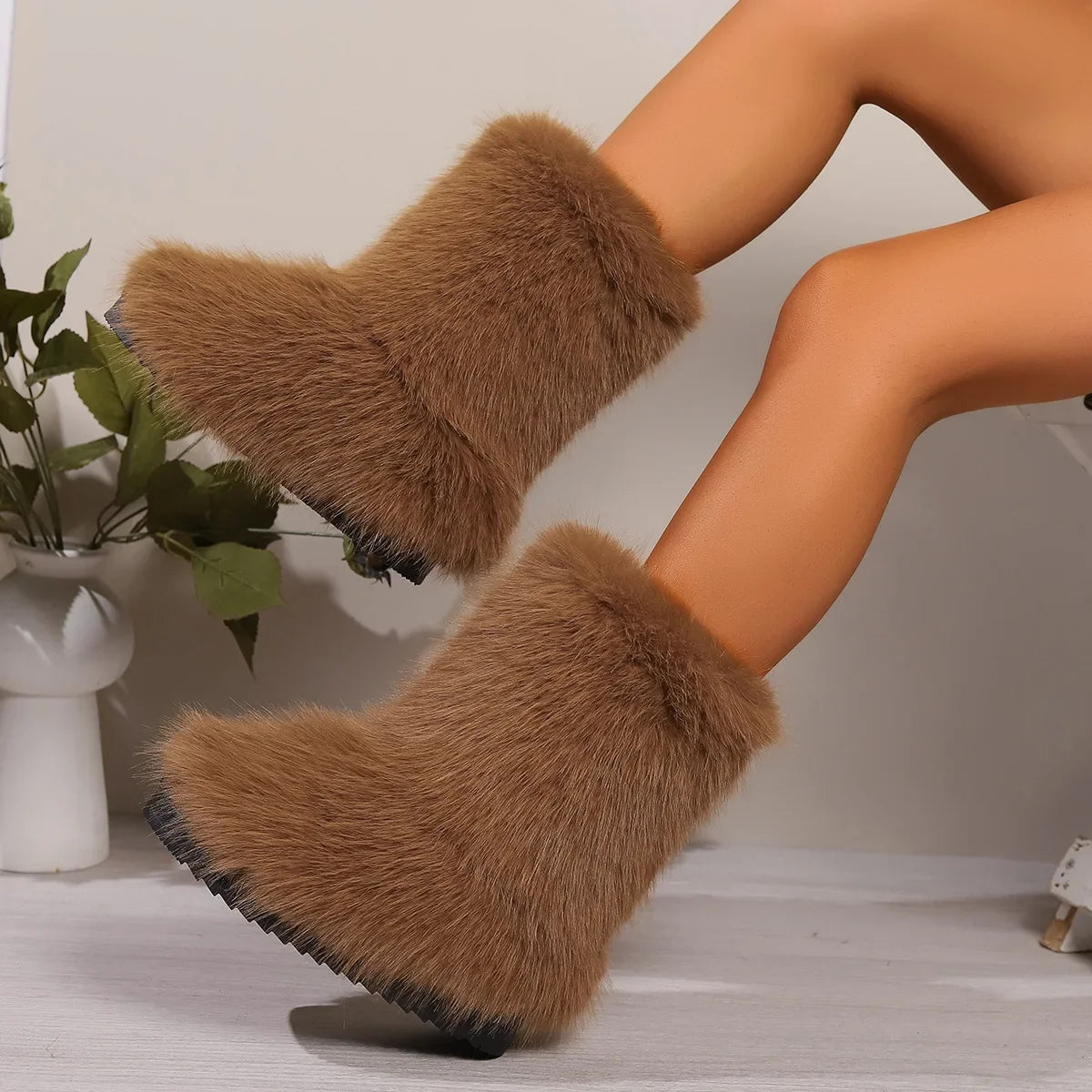 Fluffy Faux Fox Fur Plush Warm Furry Outdoor Snow Boot