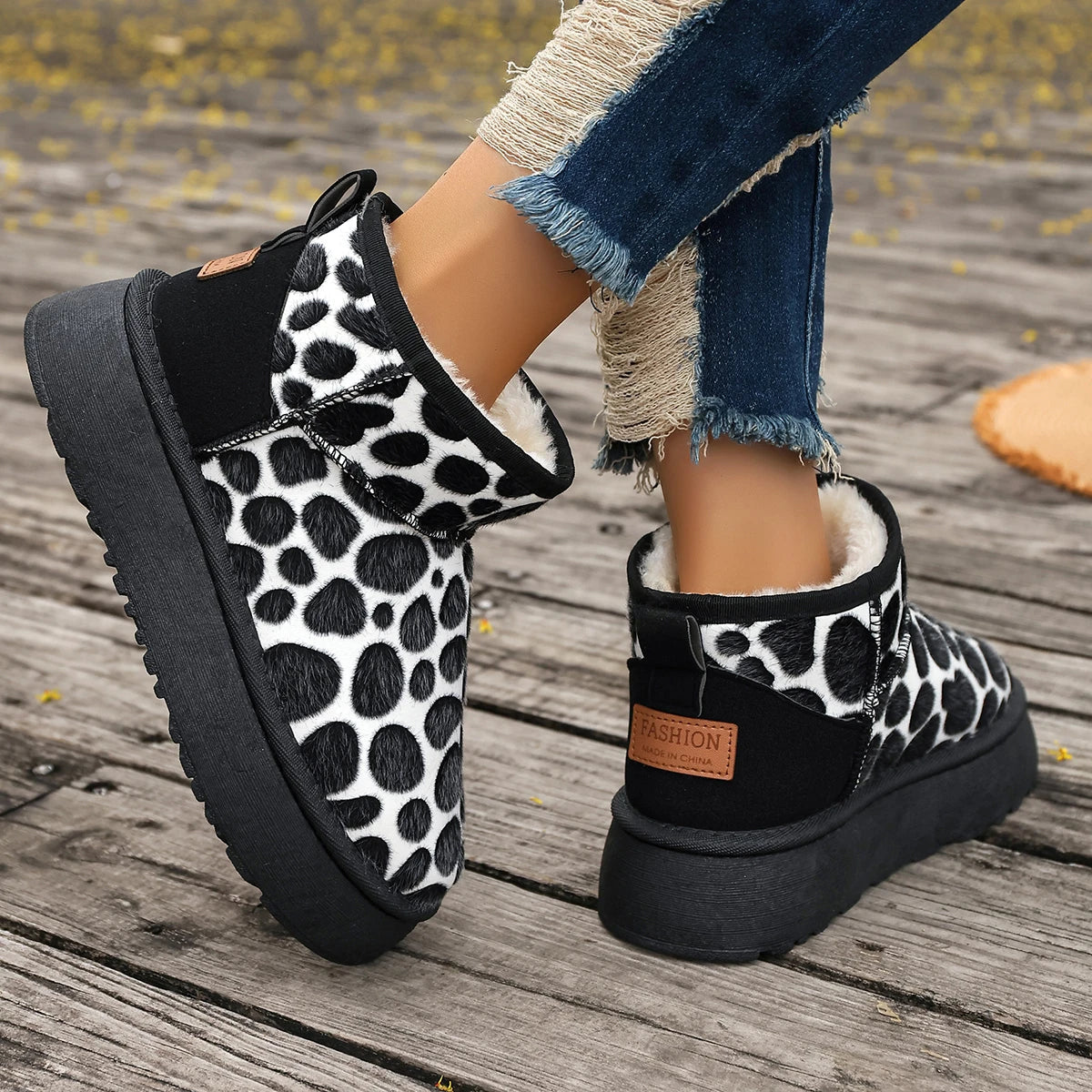 Leopard Slip-on Thickened Fluff Round Toe Snow Boot