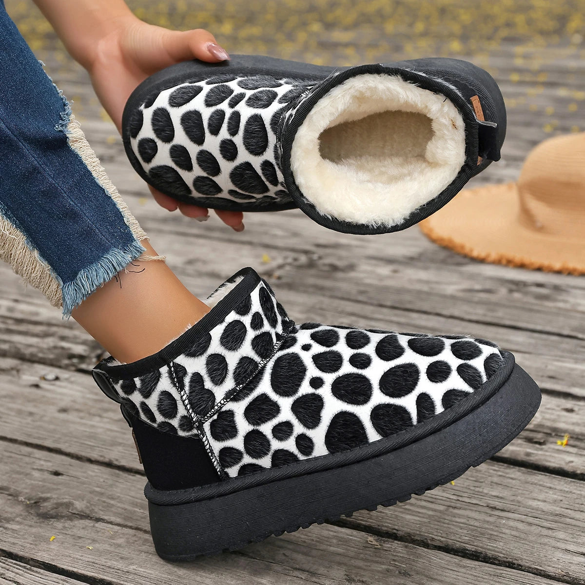 Leopard Slip-on Thickened Fluff Round Toe Snow Boot