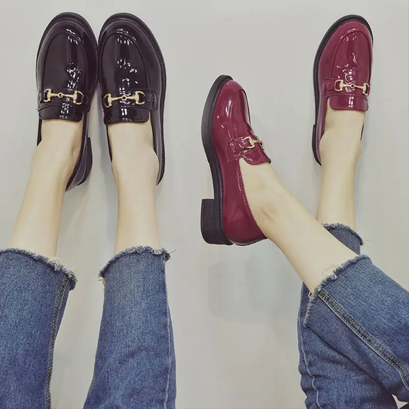 British Style Retro Patent Leather Buckle Hedging Flats Loafers