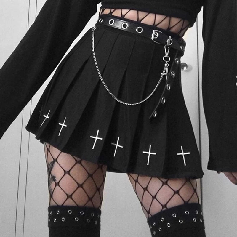 High Waist Gothic Mini Cross Pattern Mini Pleated Dark Style Skirt