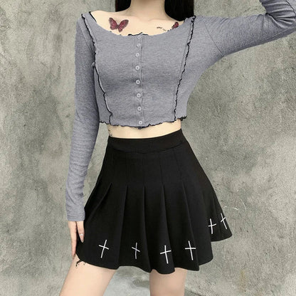 High Waist Gothic Mini Cross Pattern Mini Pleated Dark Style Skirt
