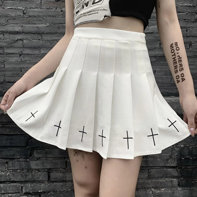 High Waist Gothic Mini Cross Pattern Mini Pleated Dark Style Skirt