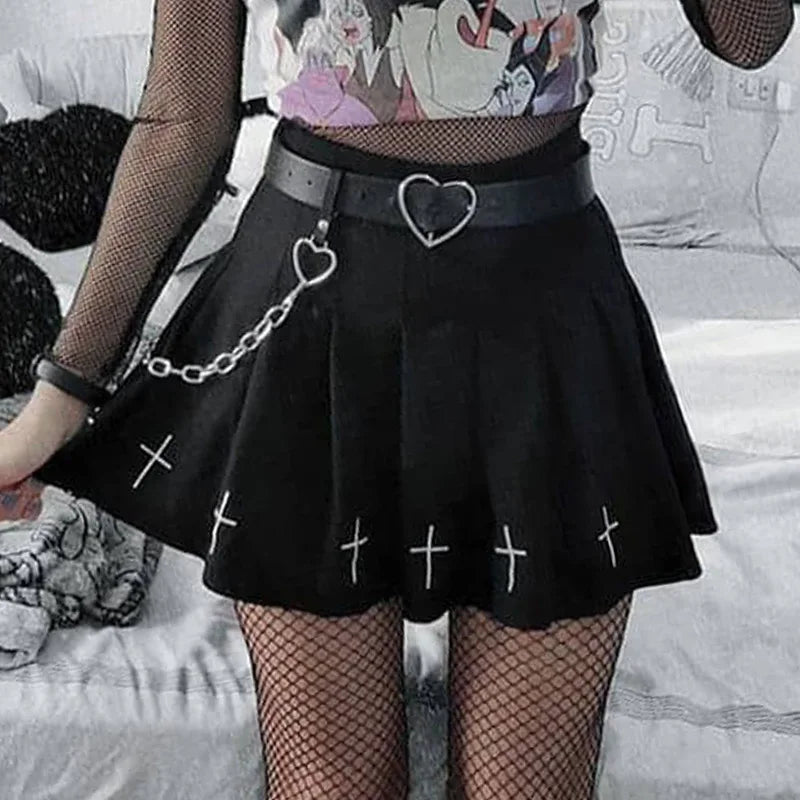 High Waist Gothic Mini Cross Pattern Mini Pleated Dark Style Skirt
