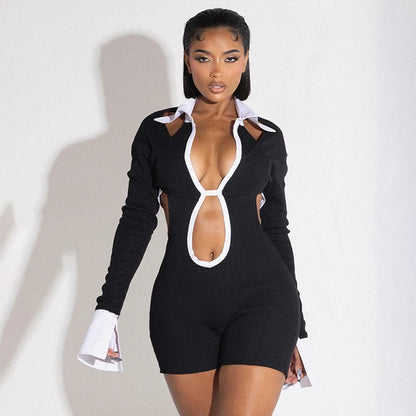 Black Commuter Bodycon Crash Color Polo Collar Split Long Sleeve Skinny Short Jumpsuit Hollow Street Jumper
