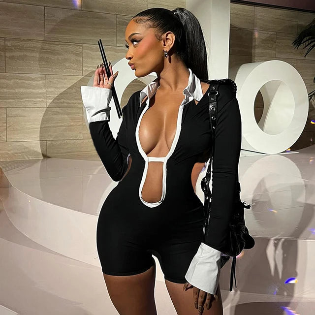 Black Commuter Bodycon Crash Color Polo Collar Split Long Sleeve Skinny Short Jumpsuit Hollow Street Jumper