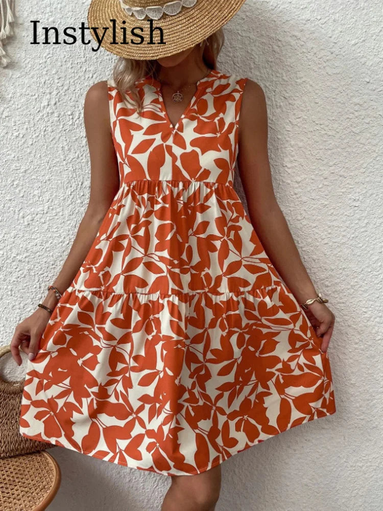 Print Mini Sleeveless Ruffle a Line Tank Beach Midi Dresses