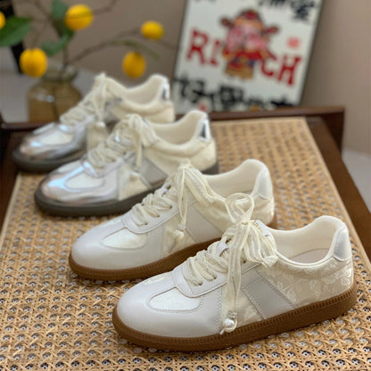 Jogging Sneakers Youth Silver Lace-up Outdoor Athletic Trainers Low Heels Breath Tennis Flats Walking Shoes