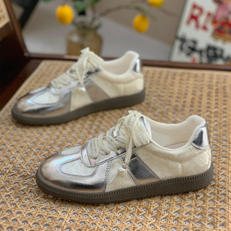 Jogging Sneakers Youth Silver Lace-up Outdoor Athletic Trainers Low Heels Breath Tennis Flats Walking Shoes