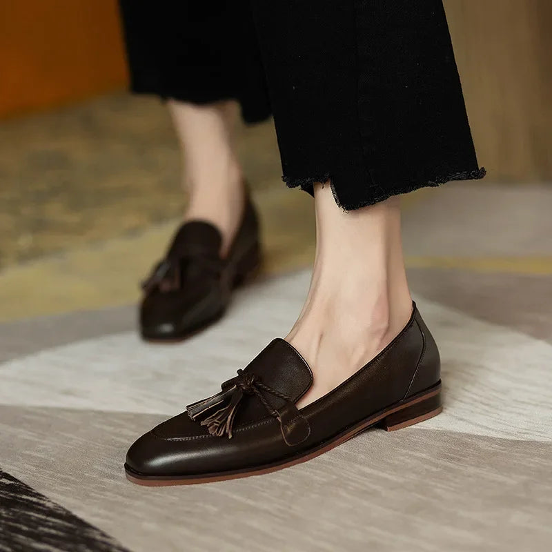 Patent Leather Bowknot Low Heel British Tassel Flats Loafers