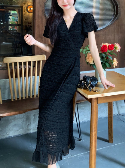Bodycon Dress Summer V-neck Short Sleeve Korean Long Dresses White Black Long Robe