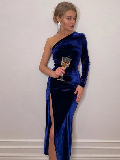 Long Sleeve Party Evening Velvet Bodycon Split Pencil Midi Dress Spring Autumn Clothes