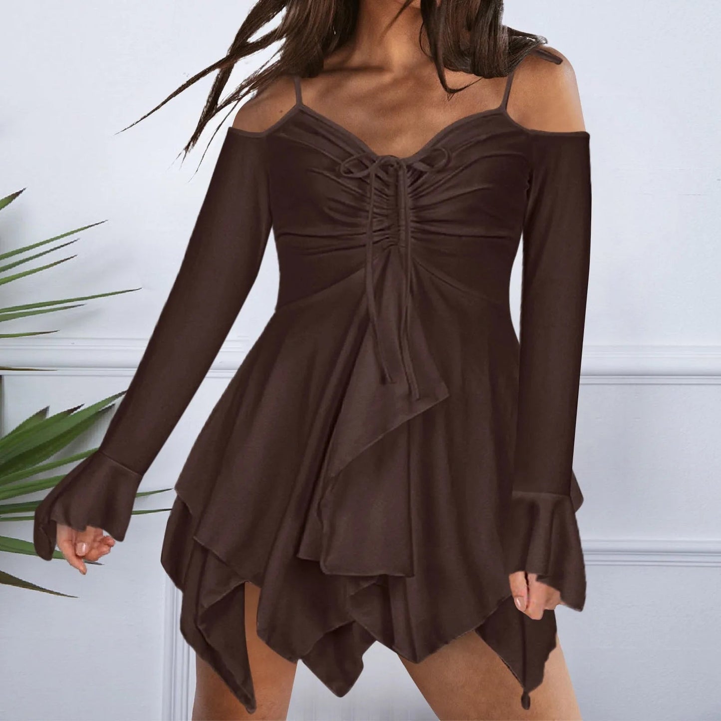 V Tie-up Summer Short Sleeve Sling Party Off the Shoulder Mini Dress