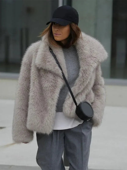 Faux Fur Lapel Warm Long Sleeve Crop Oversized Coat