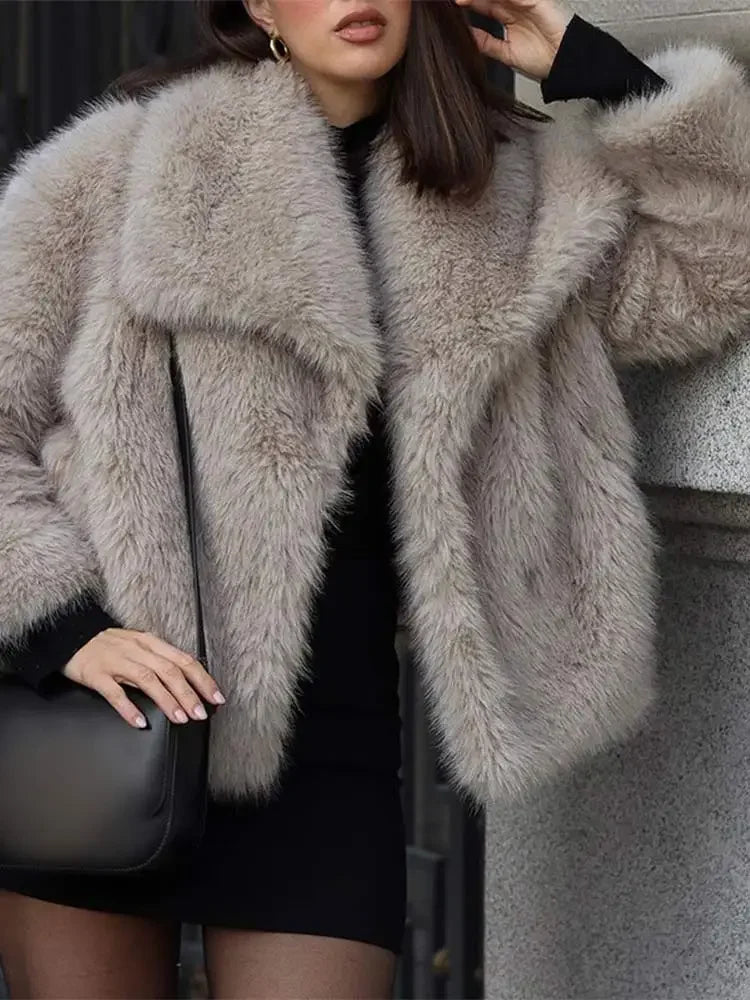 Faux Fur Lapel Warm Long Sleeve Crop Oversized Coat