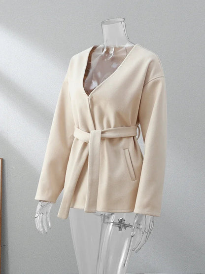 Midi Belt V Neck Thick Warm Long Sleeve Coat