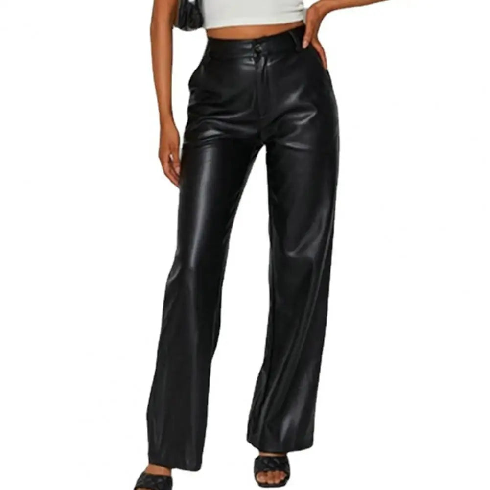 High Waist Color Retro Slim Fit Straight Wide Leg Faux Leather Pants