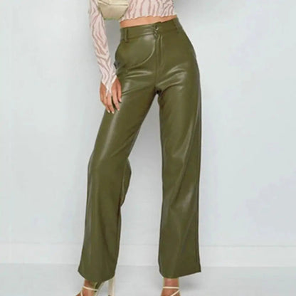 High Waist Color Retro Slim Fit Straight Wide Leg Faux Leather Pants